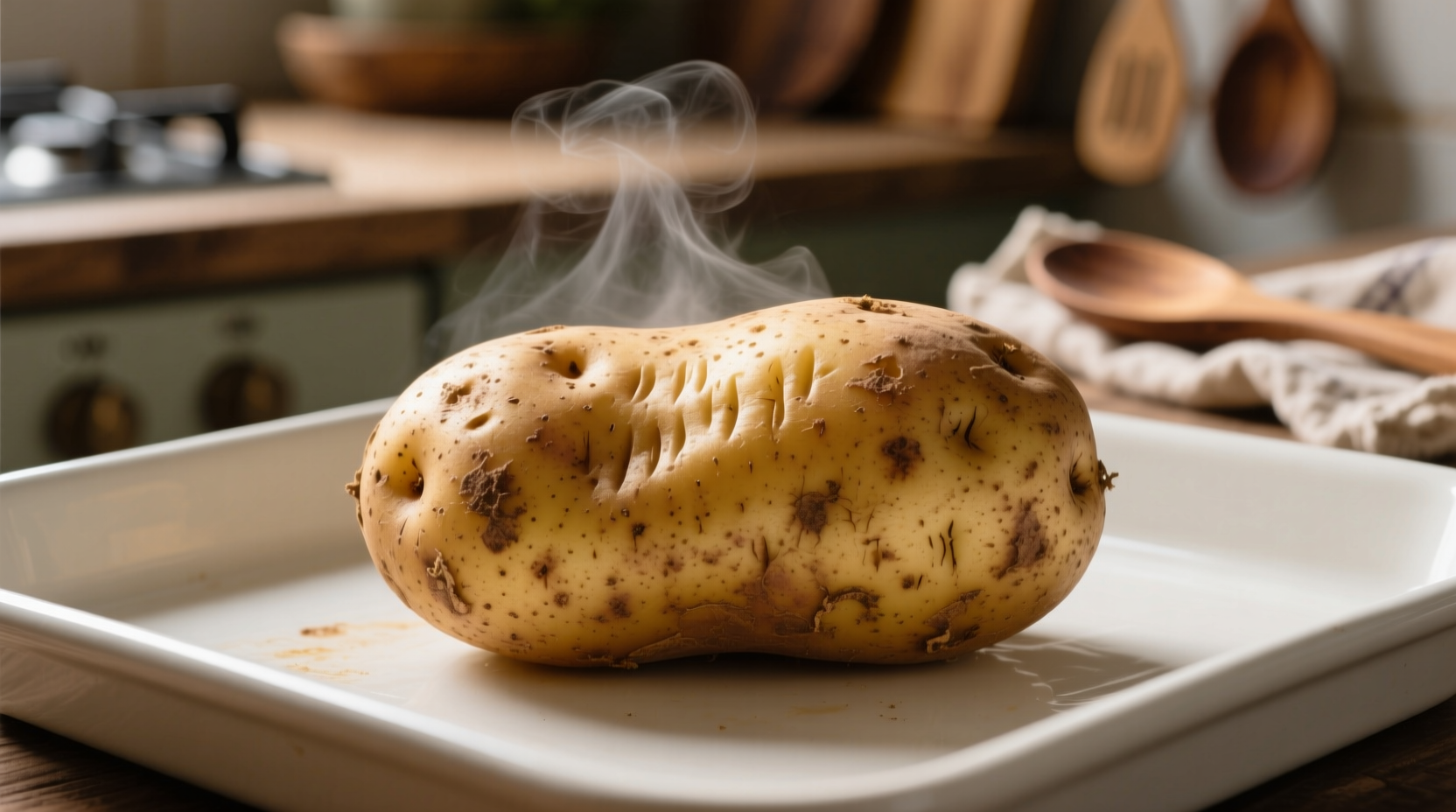 Russet potato with crisp skin on baking sheet