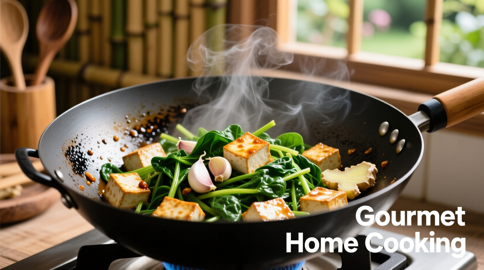 Spinach and tofu stir fry in wok with garlic and ginger
