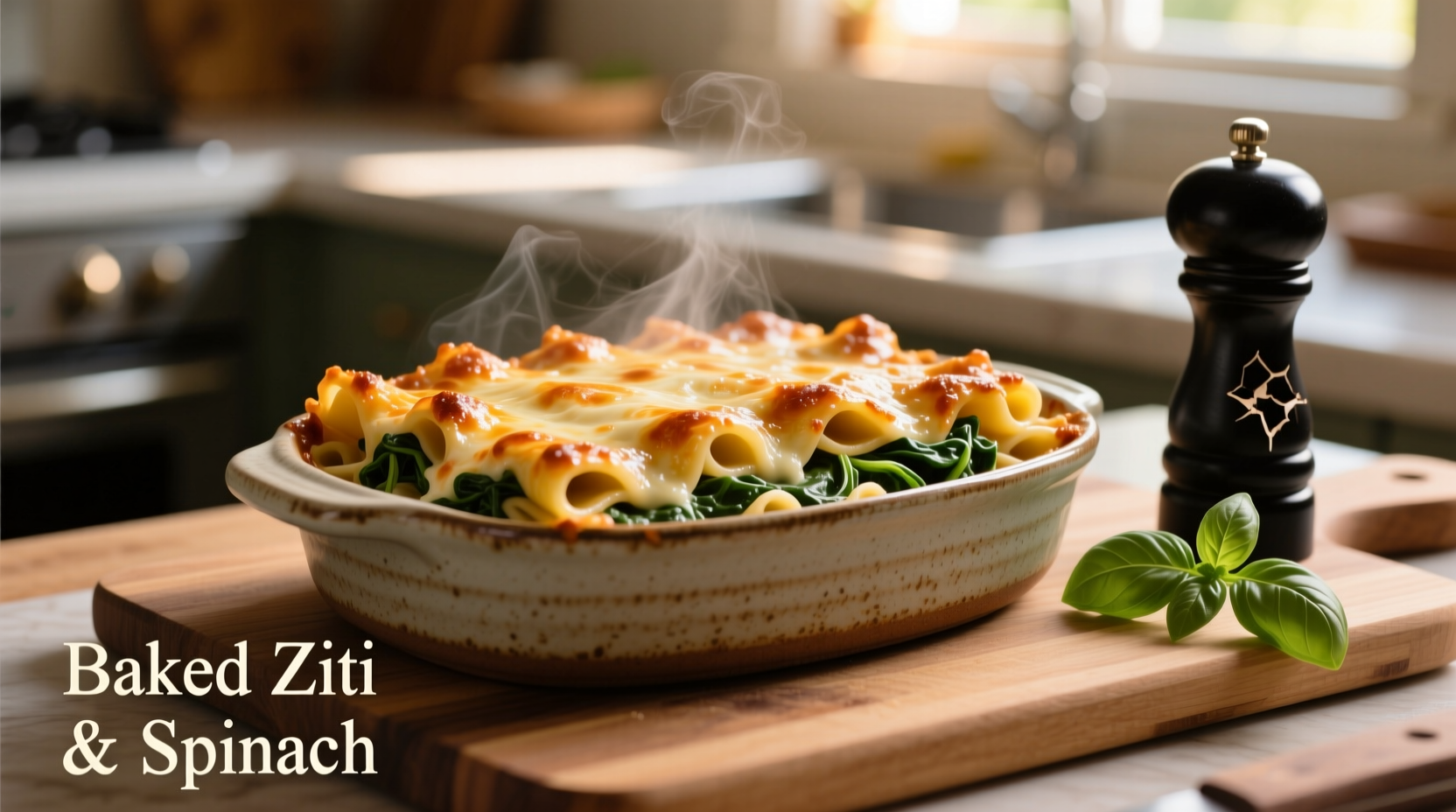 Baked ziti with spinach in ceramic dish