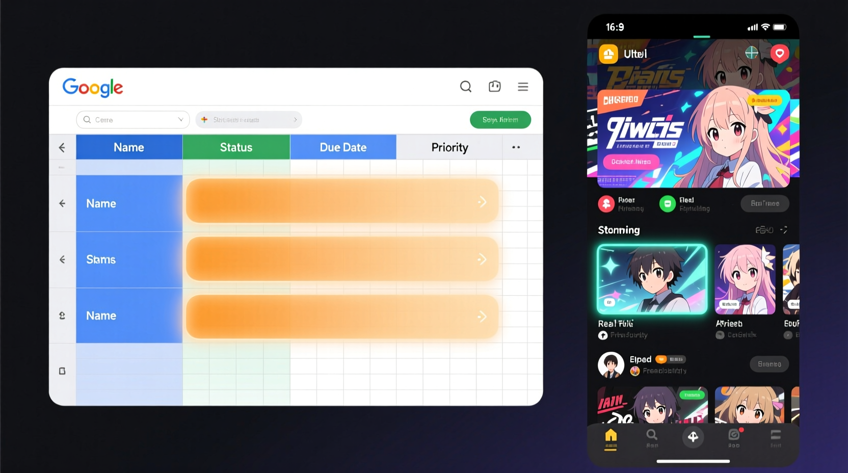 Side-by-side comparison: left shows a clean, color-coded Google Sheet with four columns and three rows highlighted in amber; right shows a crowded anime app interface with banners, notifications, friend activity, and overlapping episode cards