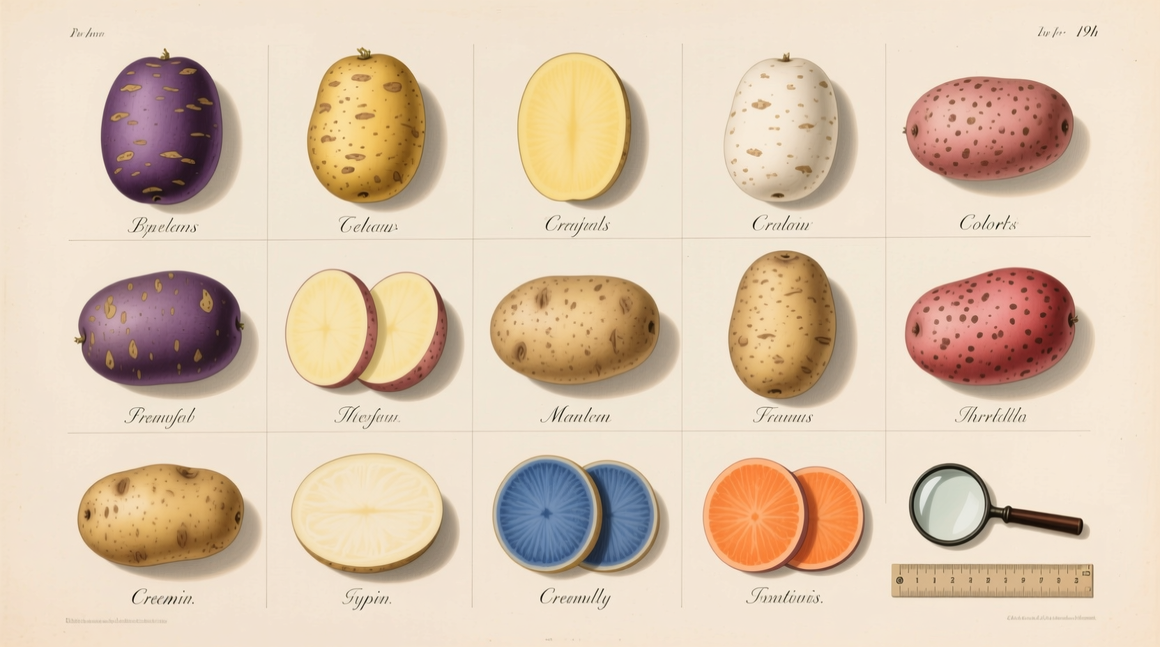 Different potato varieties arranged by type and color
