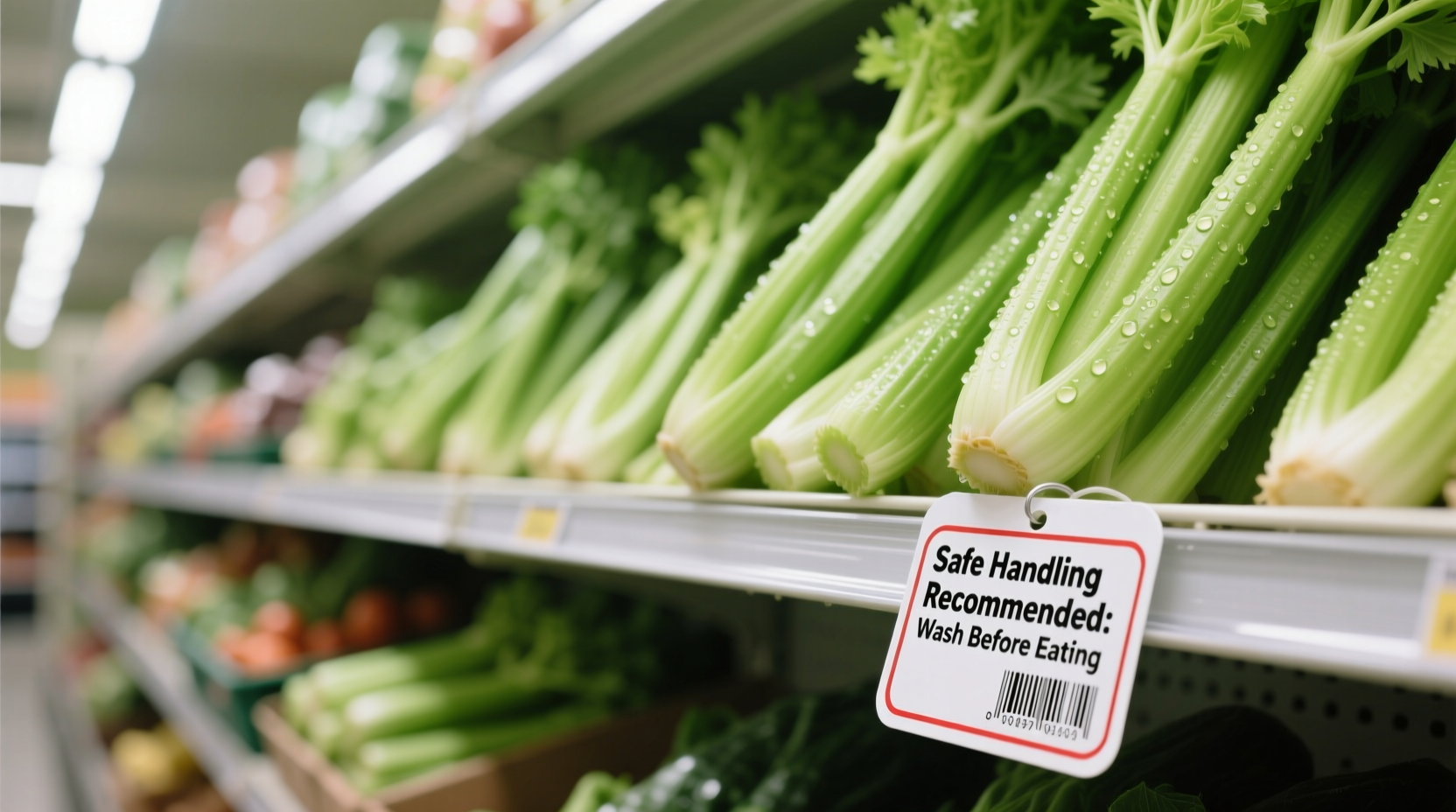 Fresh celery on grocery store shelf with food safety warning tag