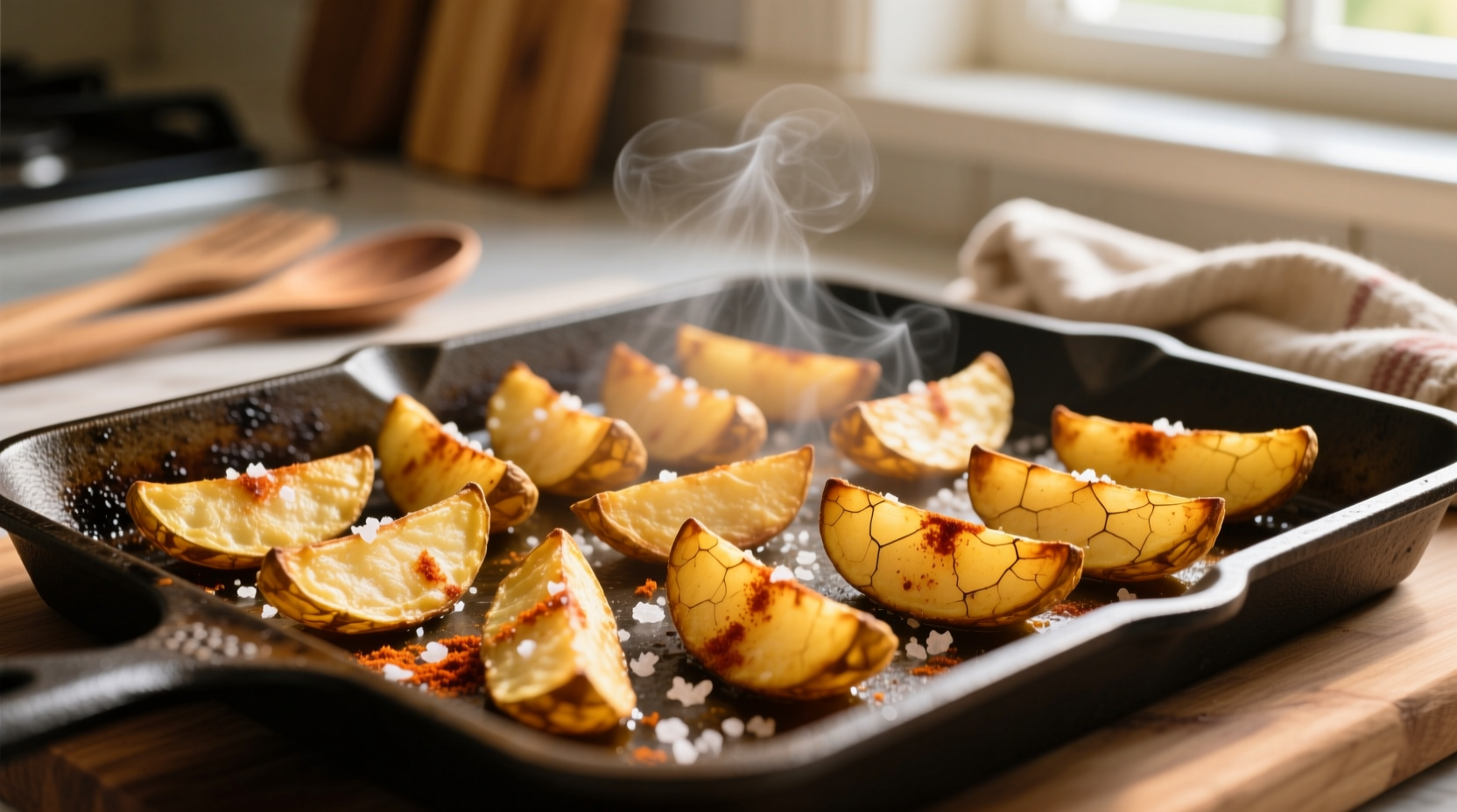 Golden crispy potato wedges on baking sheet