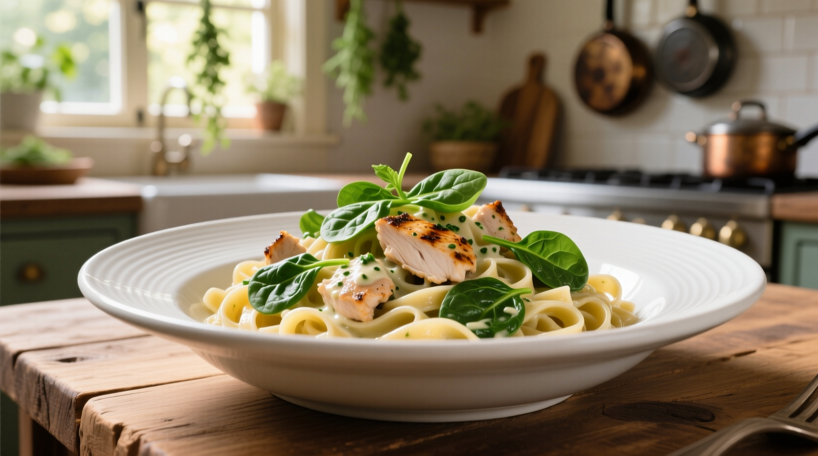 Creamy chicken pasta with spinach in white bowl