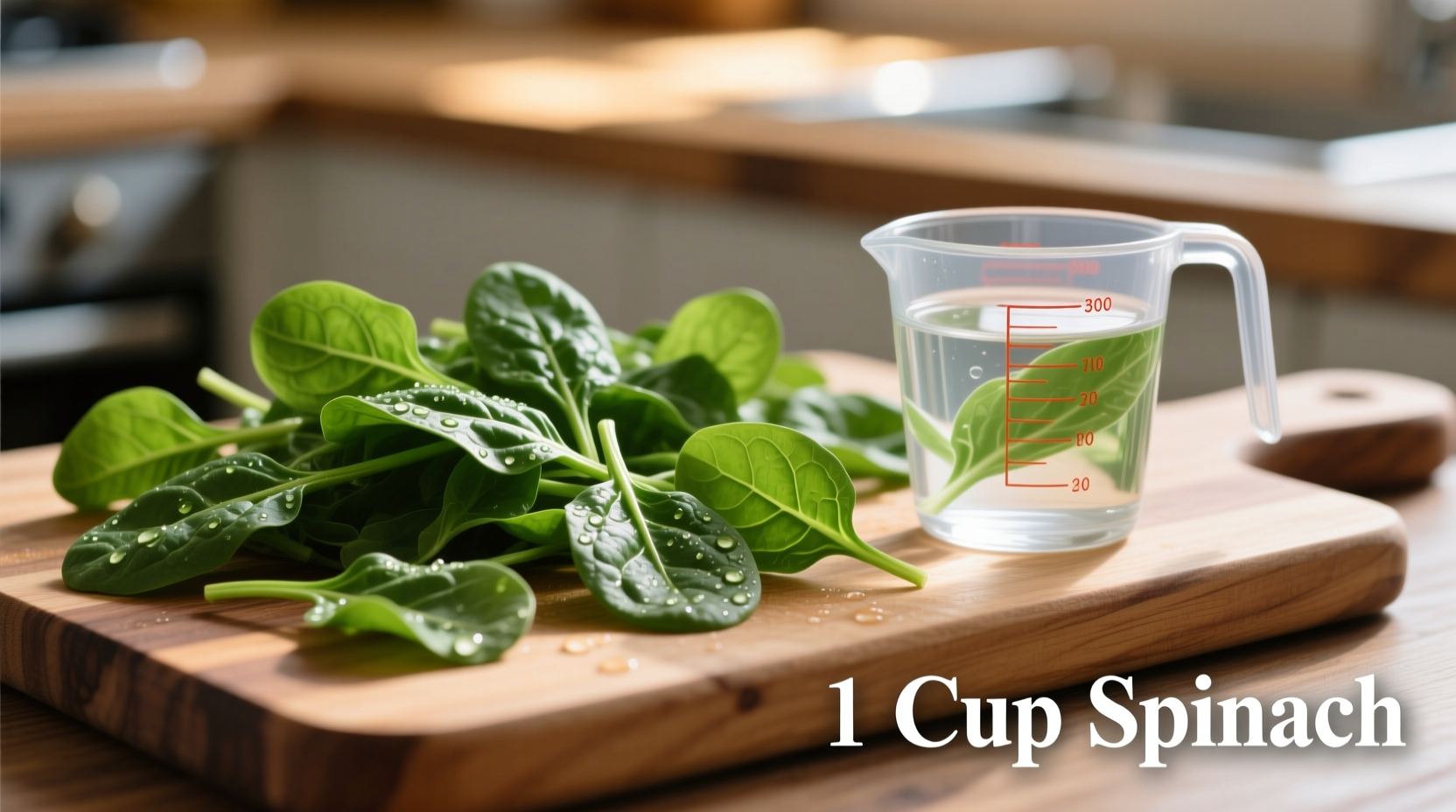 Spinach leaves on cutting board with measuring cup