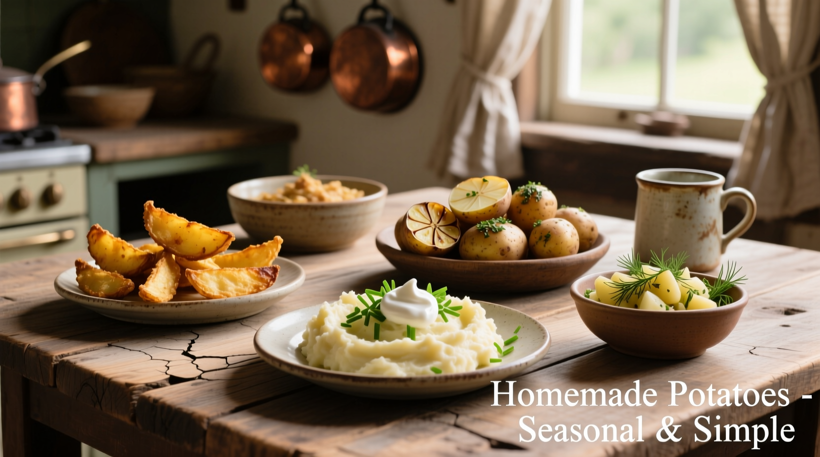 Assorted potato dishes on wooden table