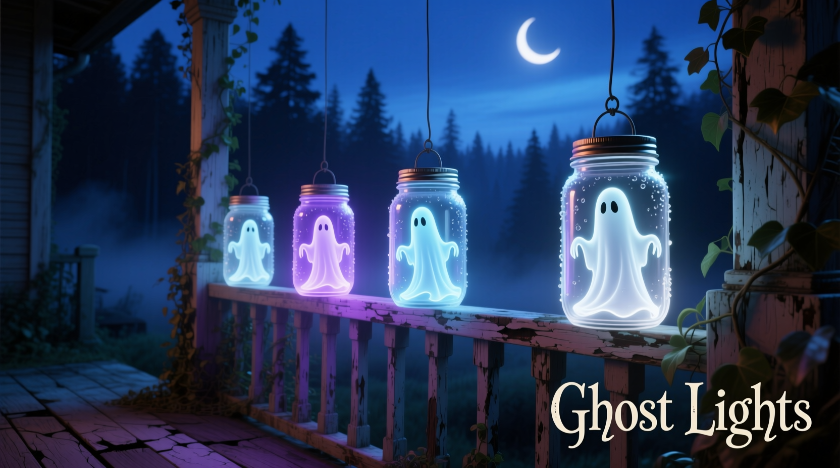 Five glowing mason jar ghosts on porch railing