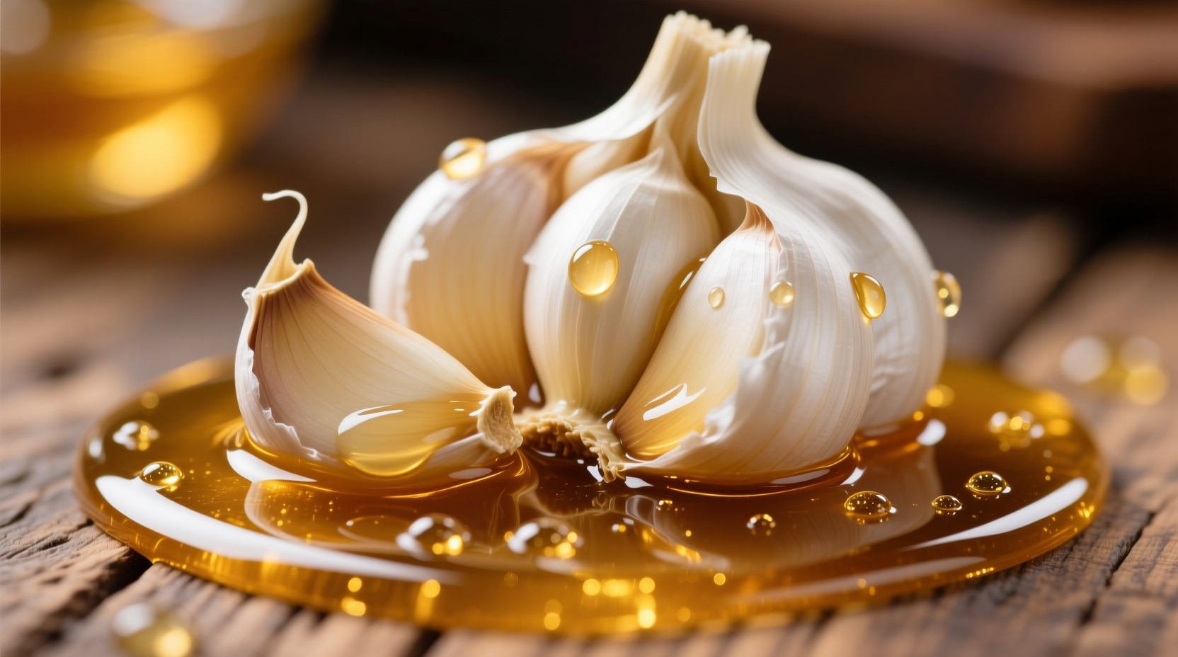 Fresh garlic cloves submerged in golden honey