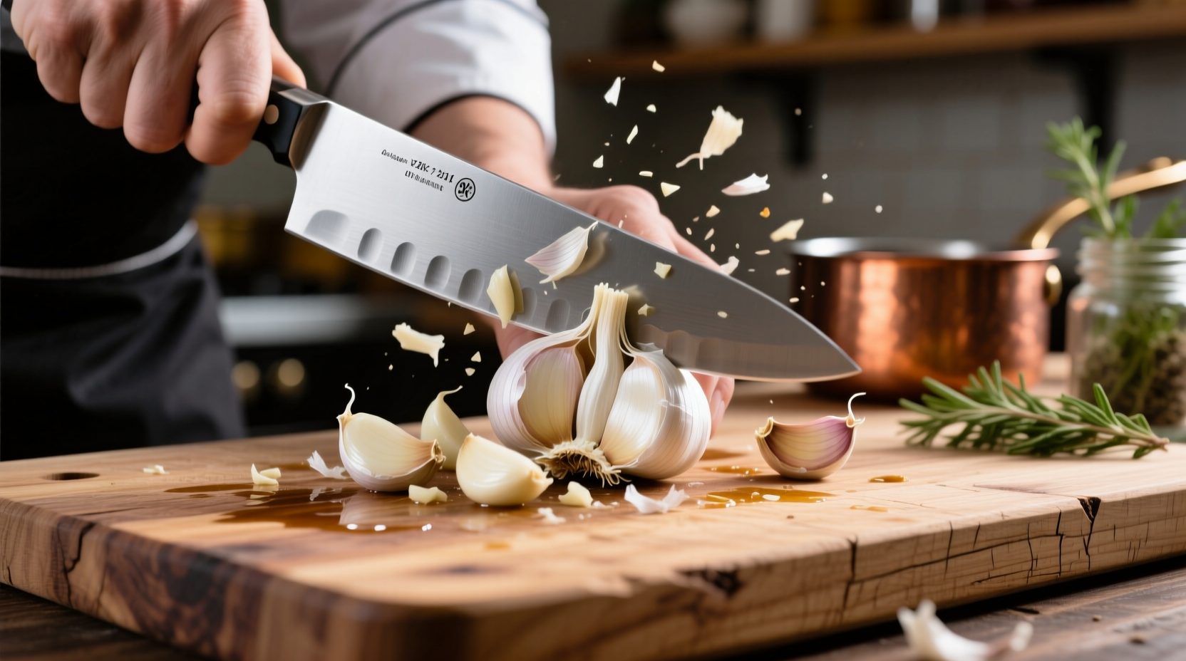 Chef's knife chopping fresh garlic cloves on wooden board