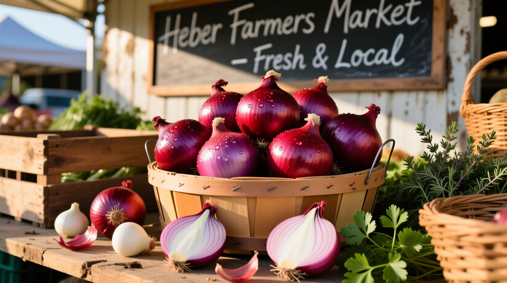 Fresh red onions at Heber farmers market