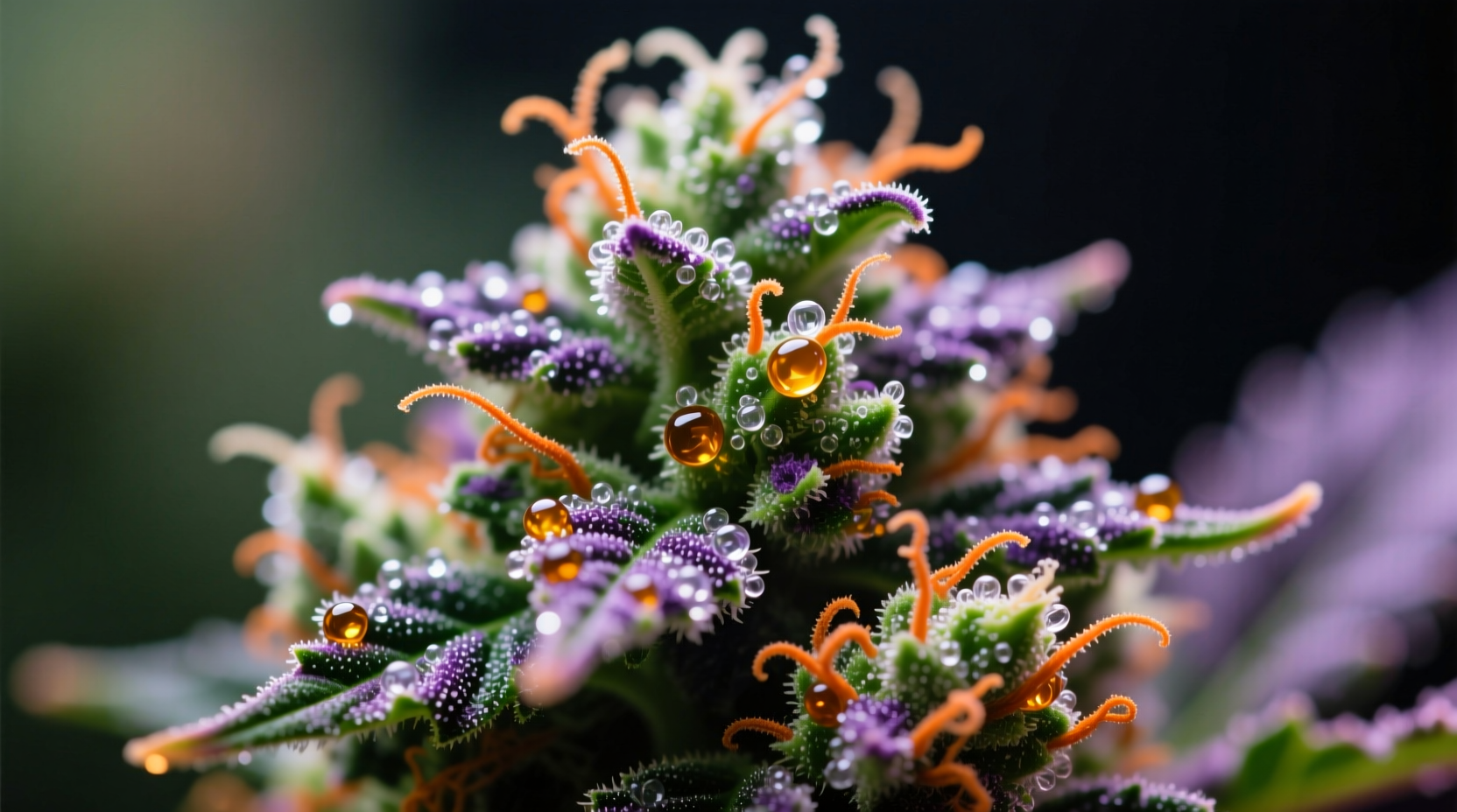 Close-up of Garlic Drip strain buds showing trichomes