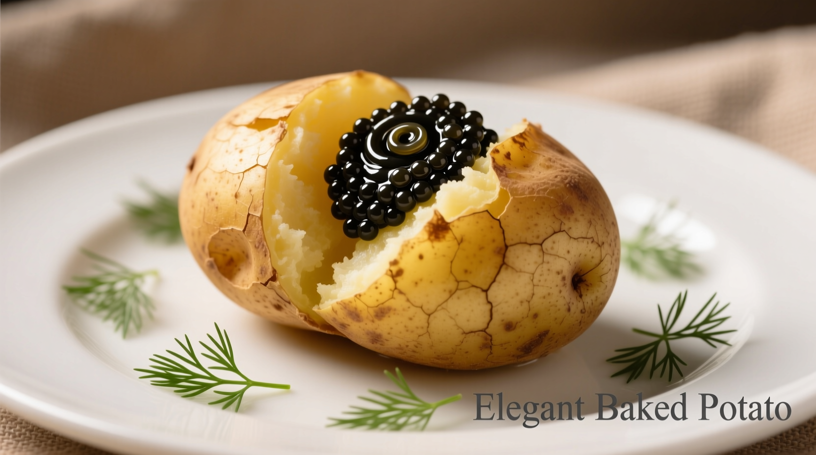Elegant baked potato topped with black caviar and fresh dill