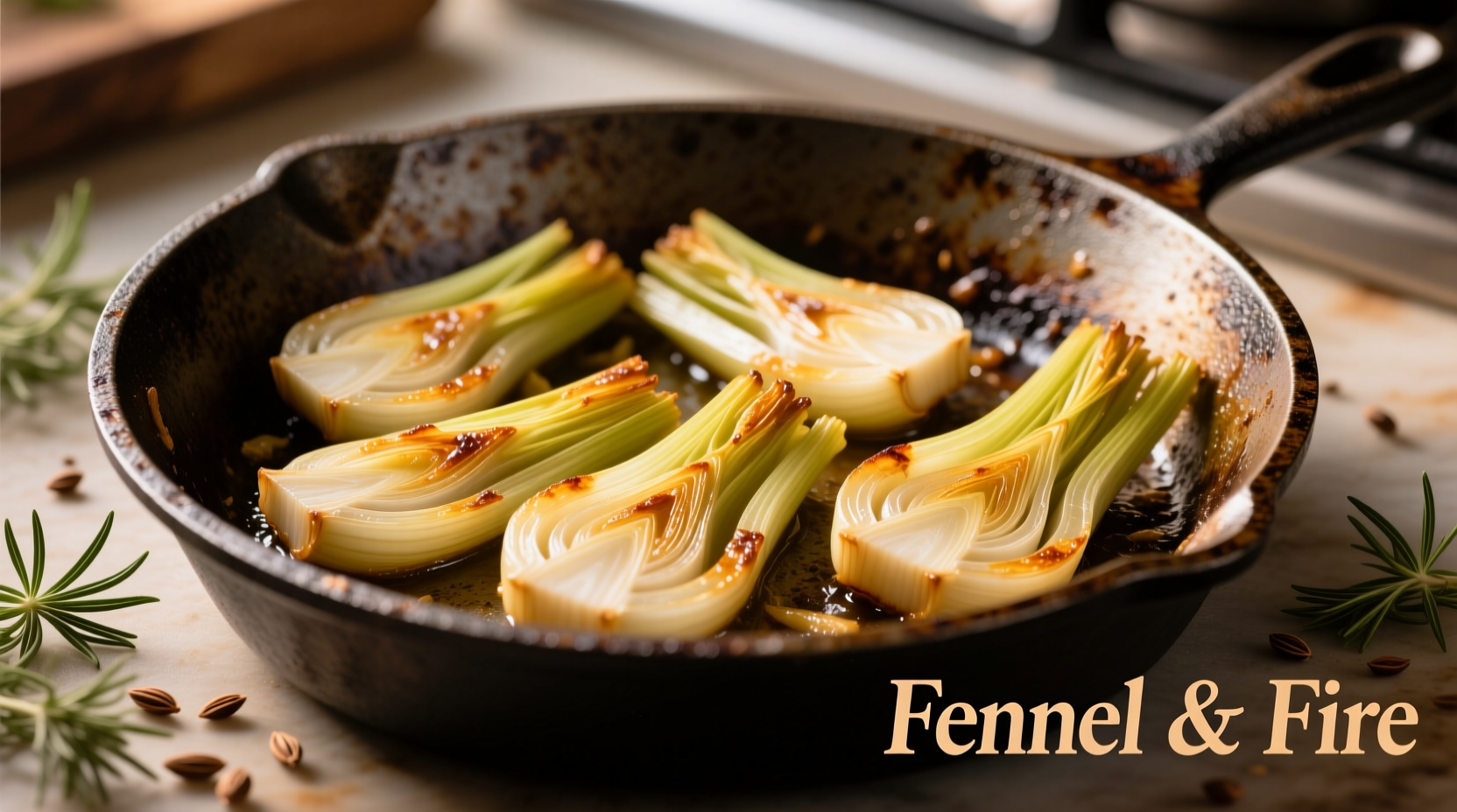 Golden sauteed fennel wedges in cast iron skillet
