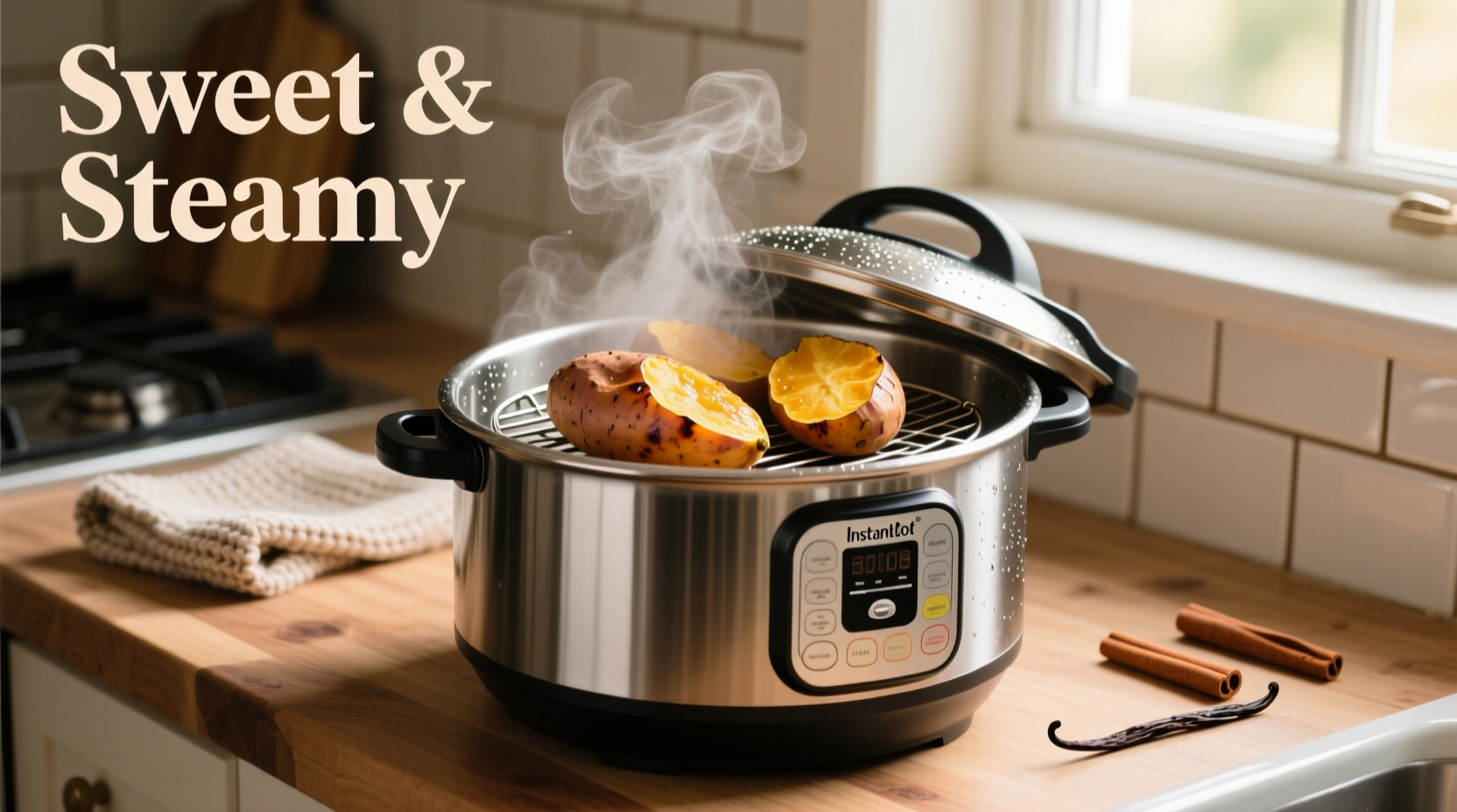 Instant Pot with steaming sweet potatoes on trivet