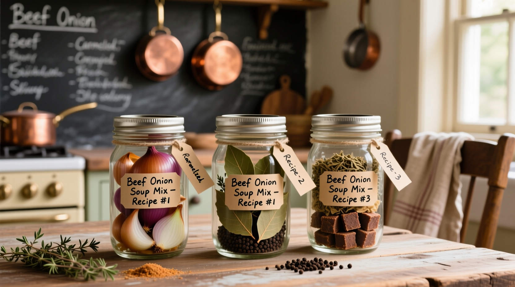 Homemade beef onion soup mix ingredients in glass jars