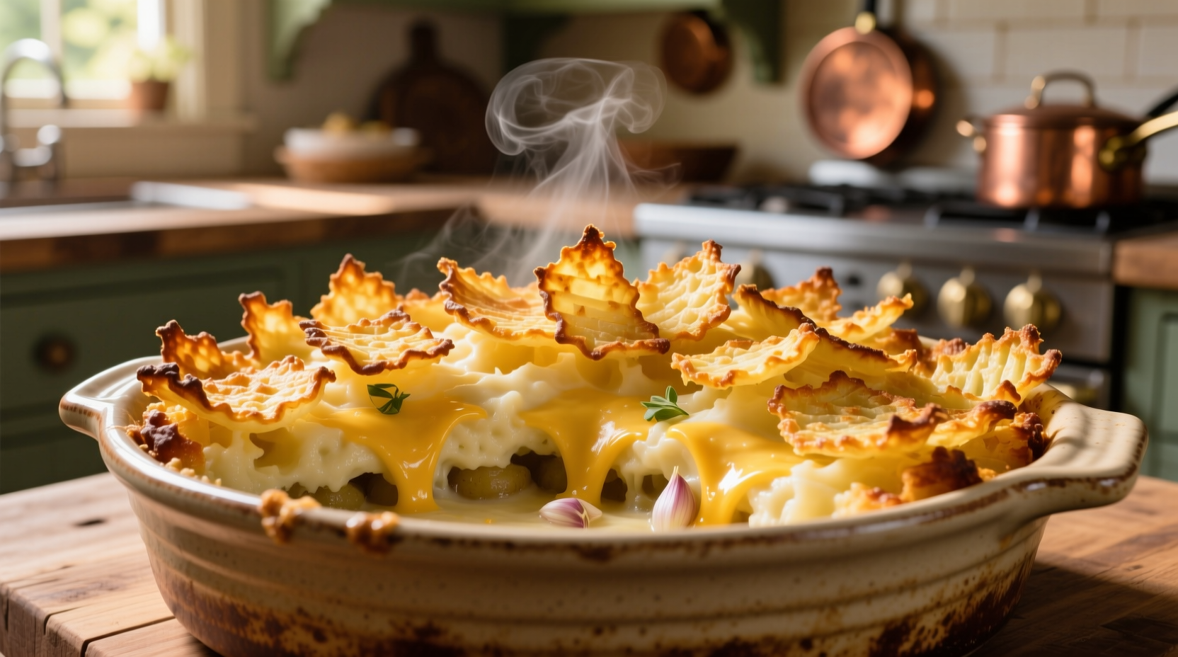 Golden potato casserole with crispy hash brown edges