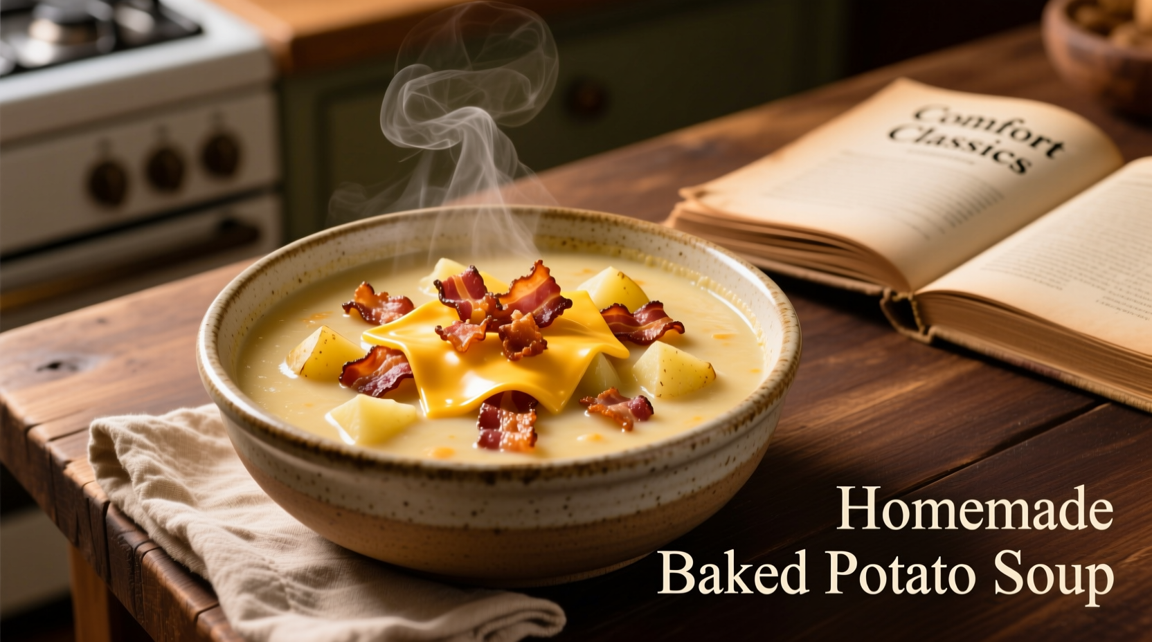 Creamy baked potato soup in bowl with bacon and cheddar
