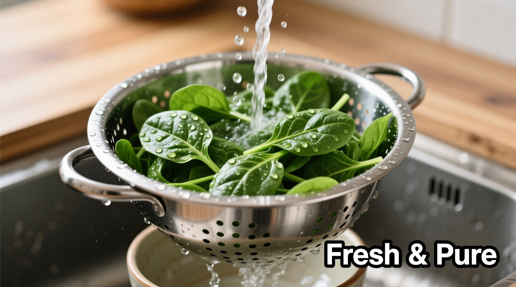 Fresh spinach being washed in a colander
