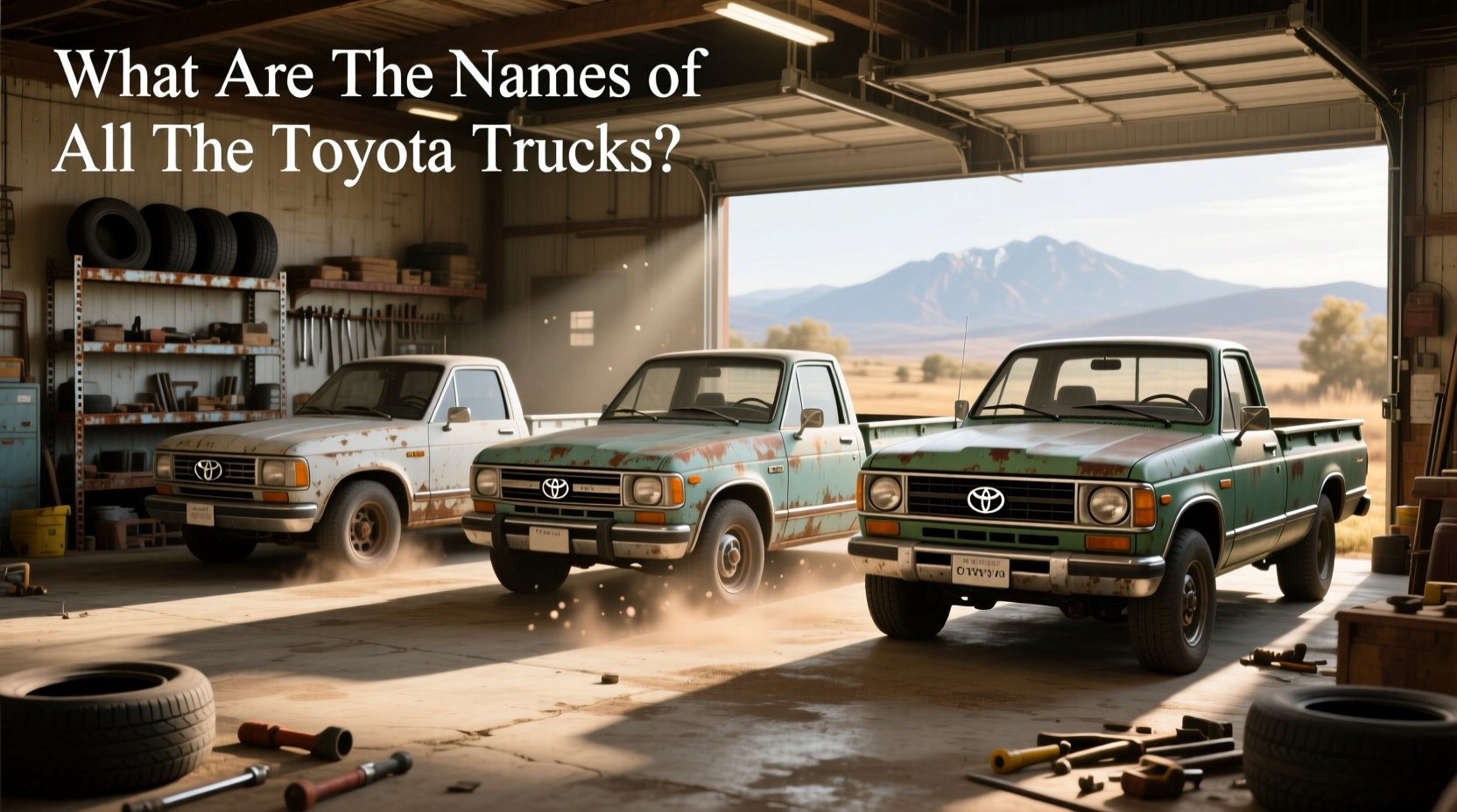 Old Toyota pickup trucks parked together showing different trims and body styles