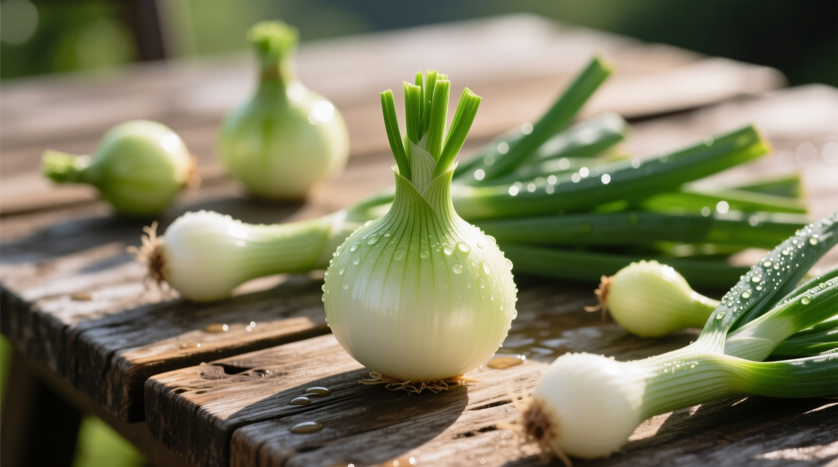 Fresh Maui onions with green tops on wooden table