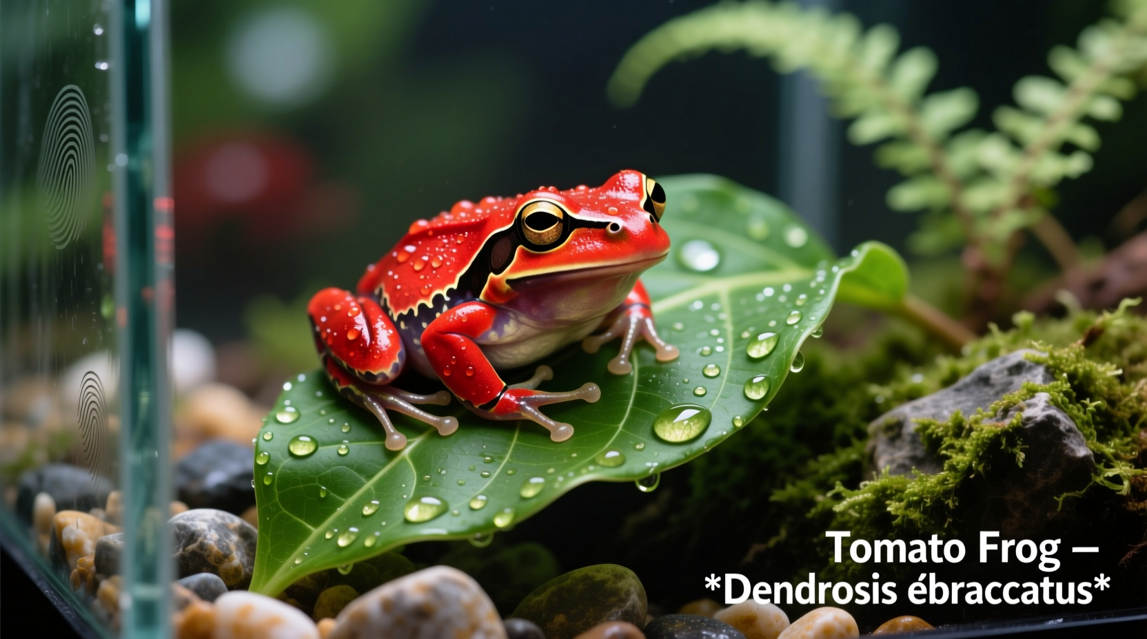 Vibrant red tomato frog on green leaf in terrarium