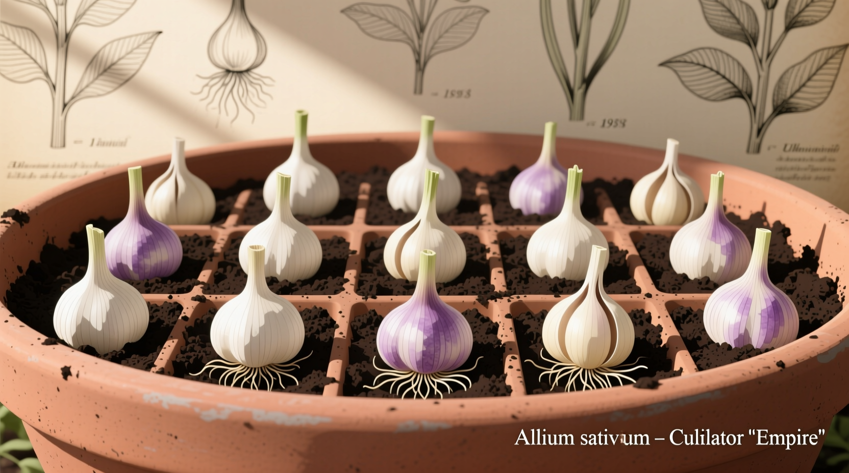 Garlic cloves planted in container with proper spacing