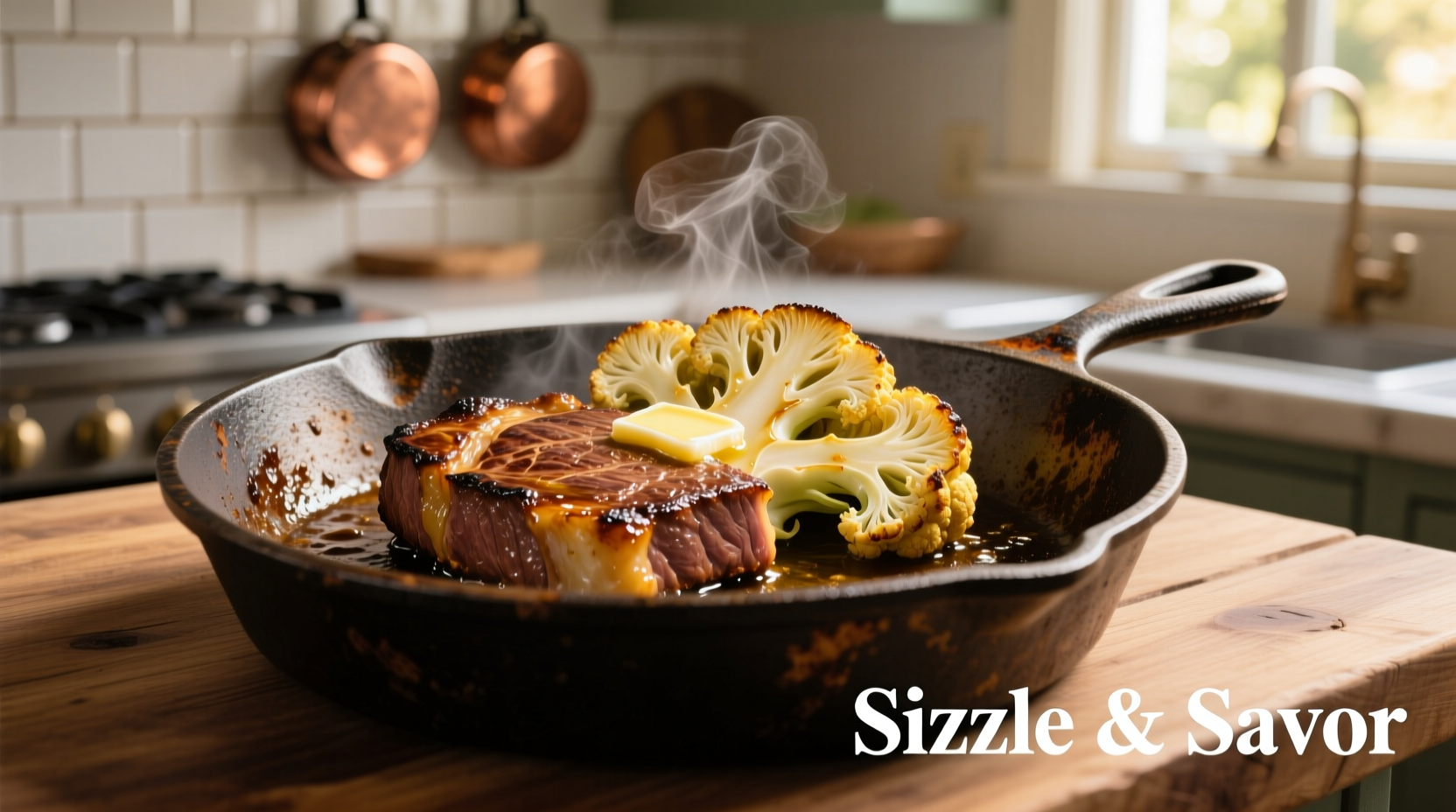 Golden brown cauliflower steak sizzling in cast iron skillet