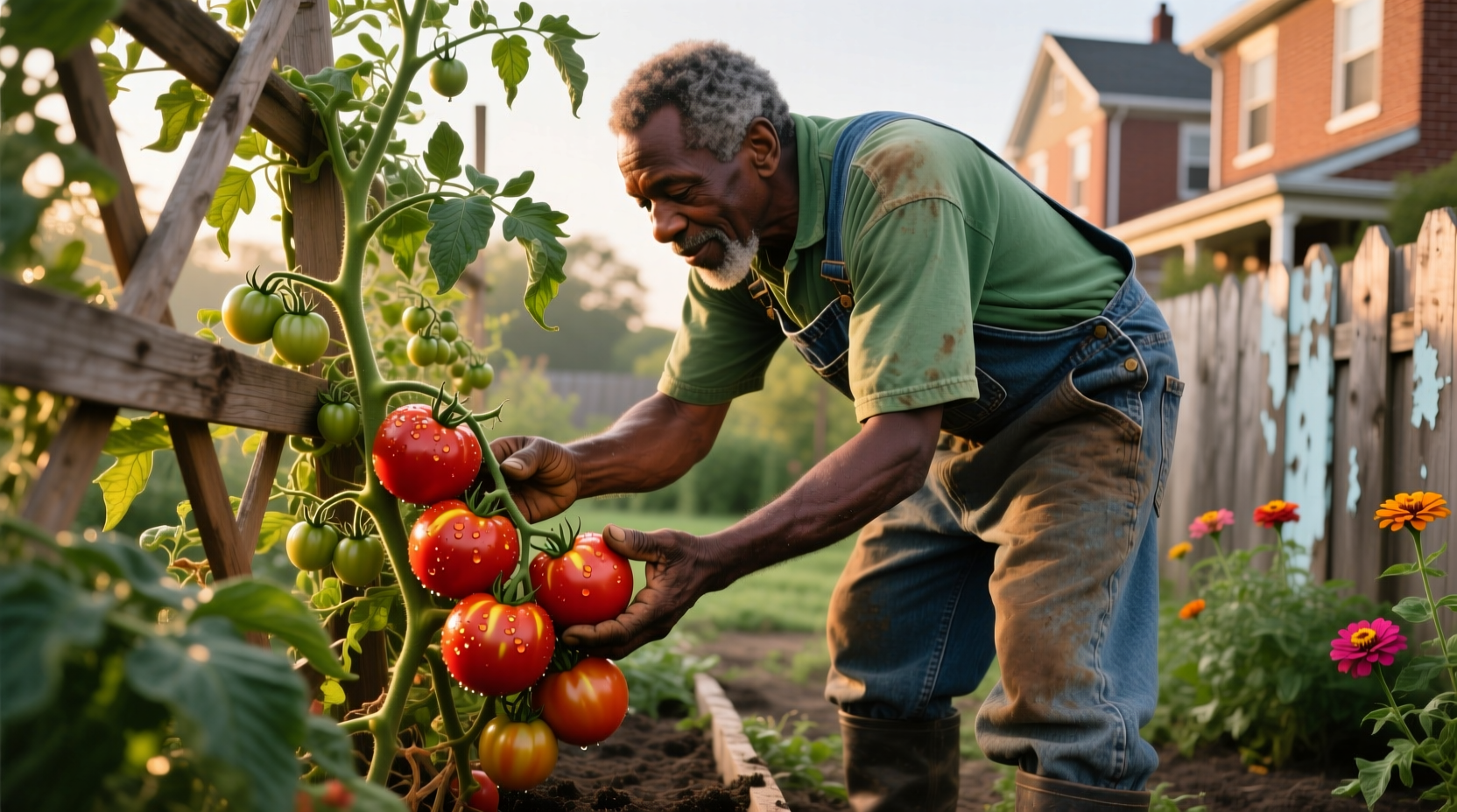 Staten Island gardener harvesting ripe tomatoes from vine