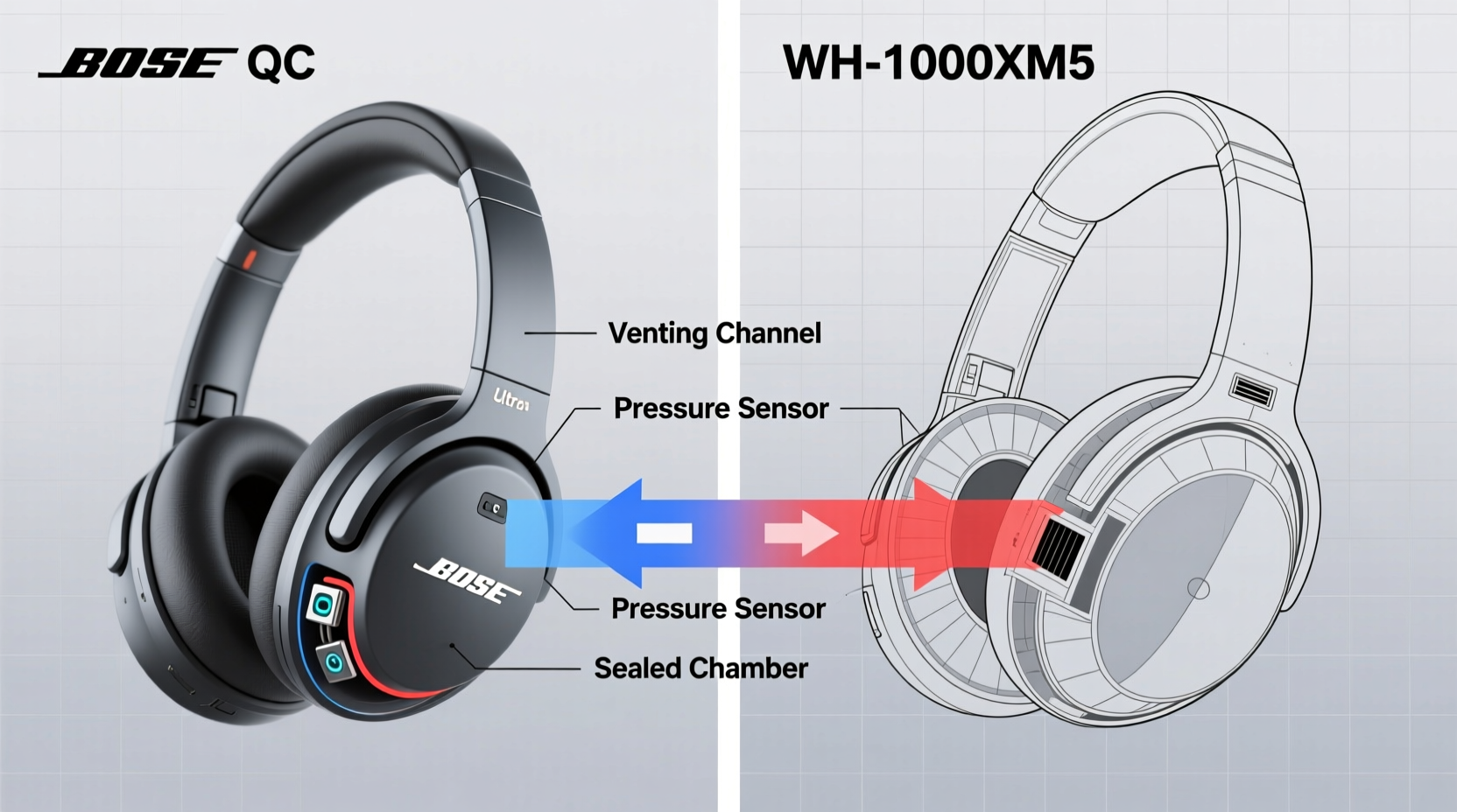 Side-by-side schematic showing air pressure flow paths inside Bose QC Ultra (with labeled venting channel and sensor) versus Sony WH-1000XM5 (sealed chamber with no dedicated pressure relief pathway)