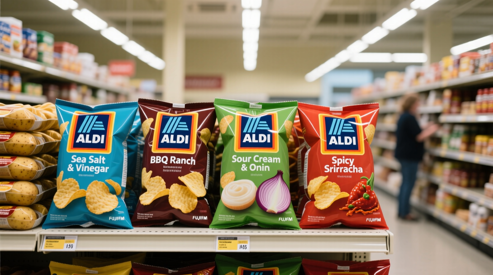 Aldi potato chips varieties displayed on grocery shelf