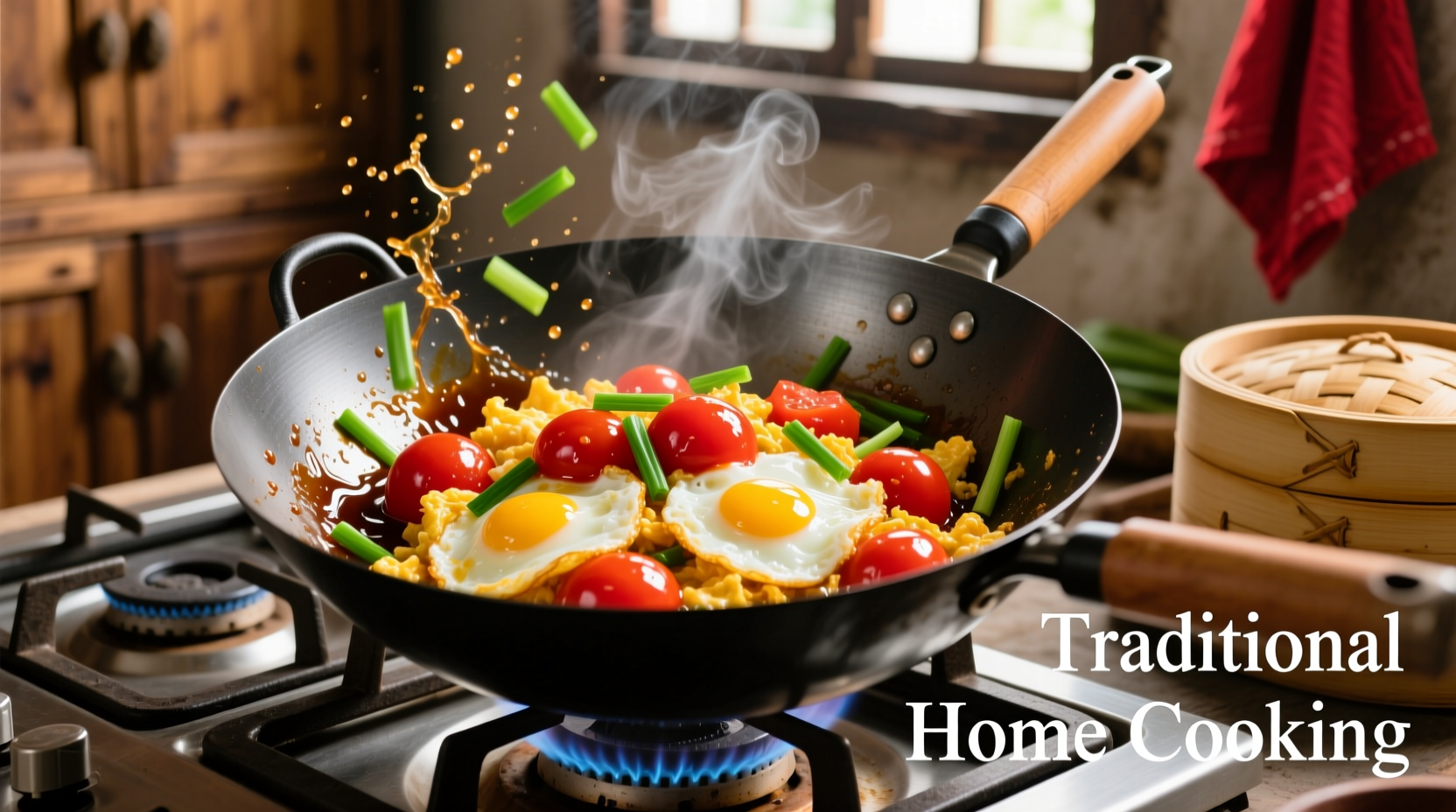 Authentic Chinese tomato and egg stir-fry in wok