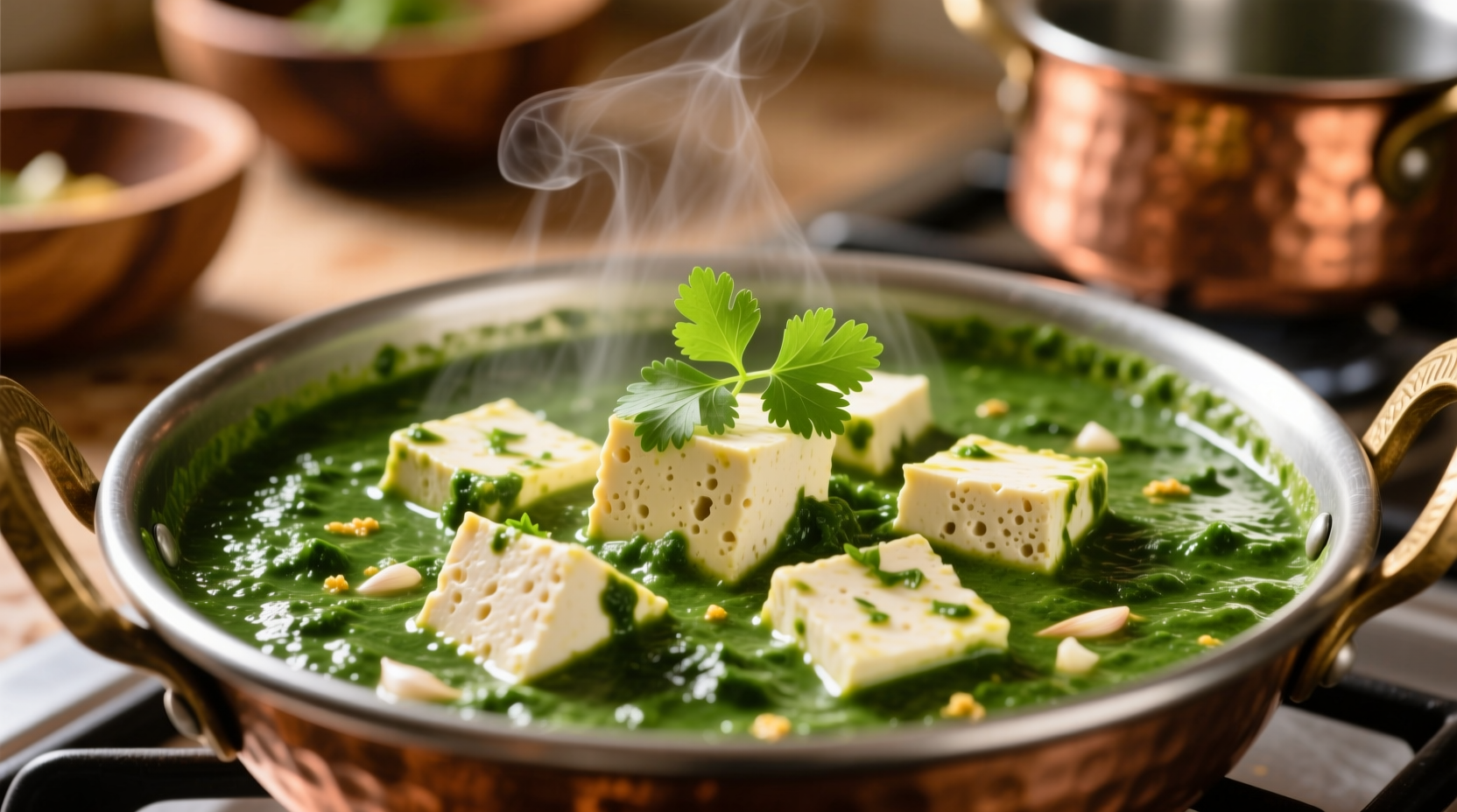 Fresh paneer cubes simmering in vibrant green spinach gravy