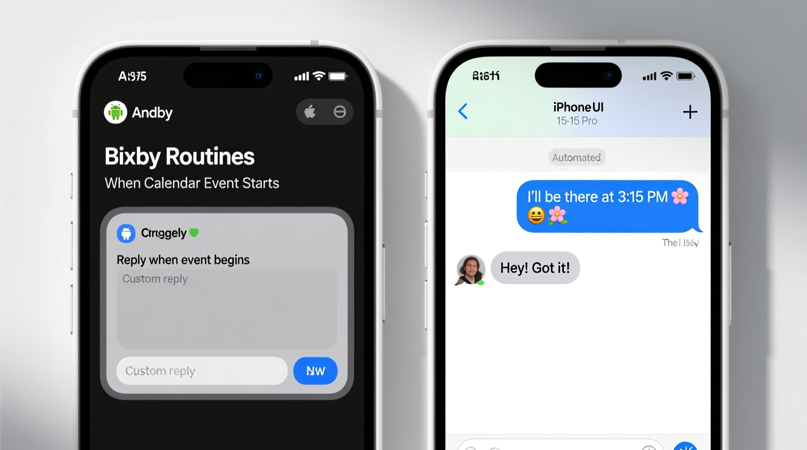 Side-by-side Android screen comparison: left shows Bixby Routines interface with 'When Calendar Event Starts' trigger and custom reply field; right shows a real text thread where the automated reply includes a specific time reference and a gentle emoji—no exclamation overload, no stock phrases.