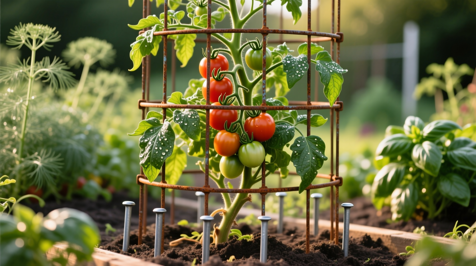Properly installed tomato cage supporting healthy plant