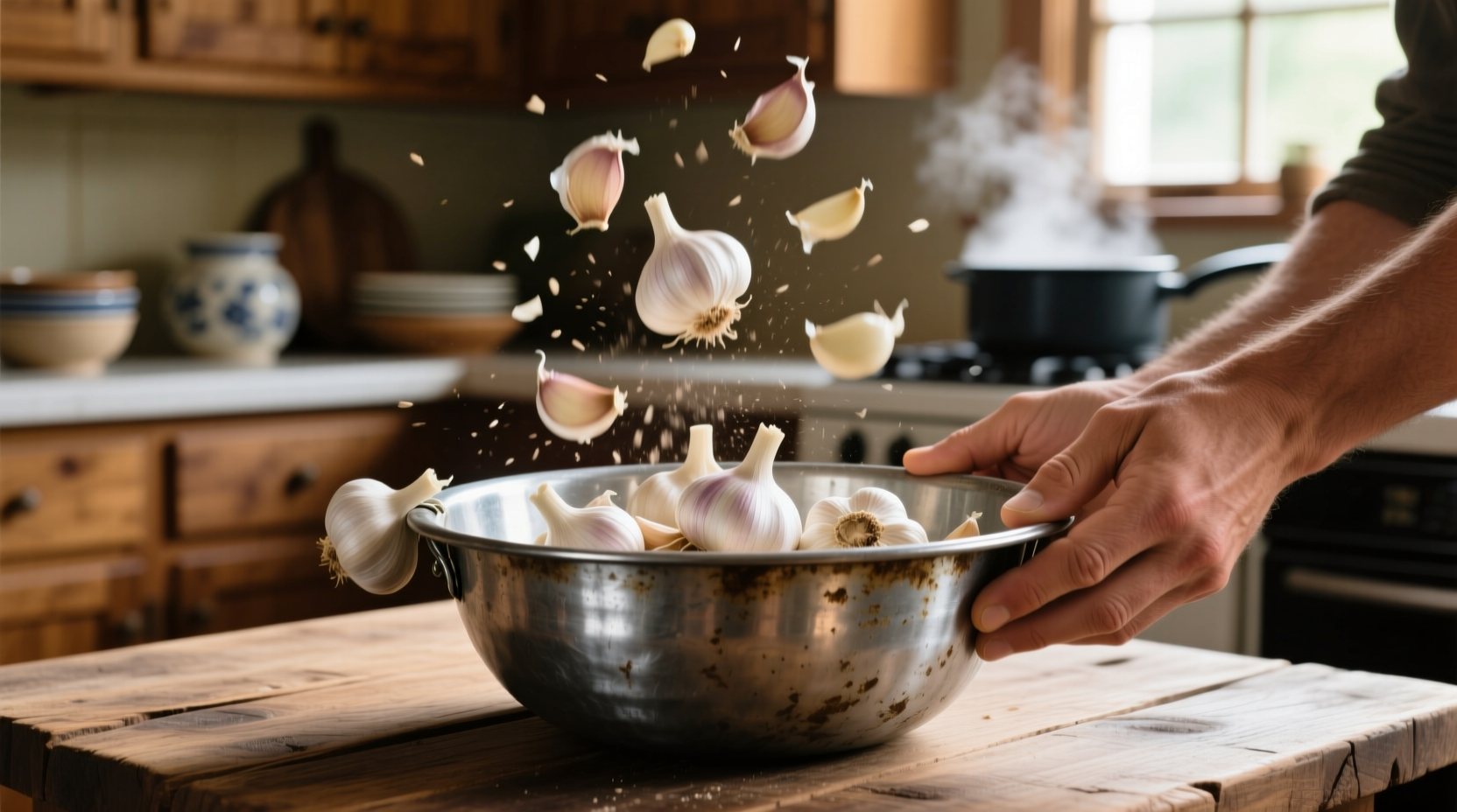 Hand shaking garlic cloves in metal bowl