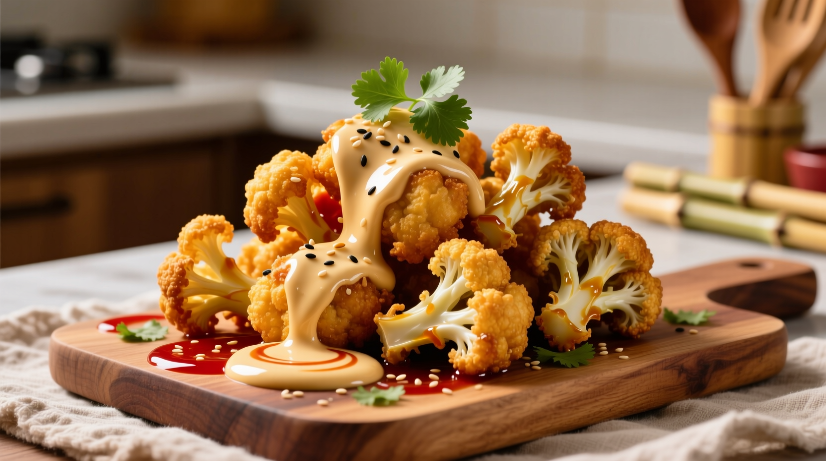 Crispy golden bang bang cauliflower with creamy sauce drizzle