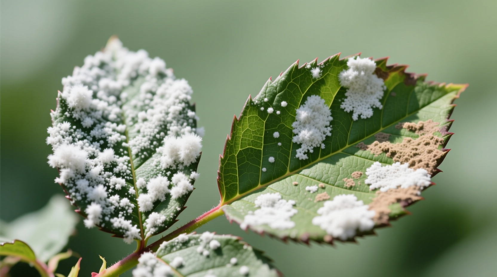 Close-up of powdery mildew on rose leaves before and after baking soda treatment showing reduced white fungal growth