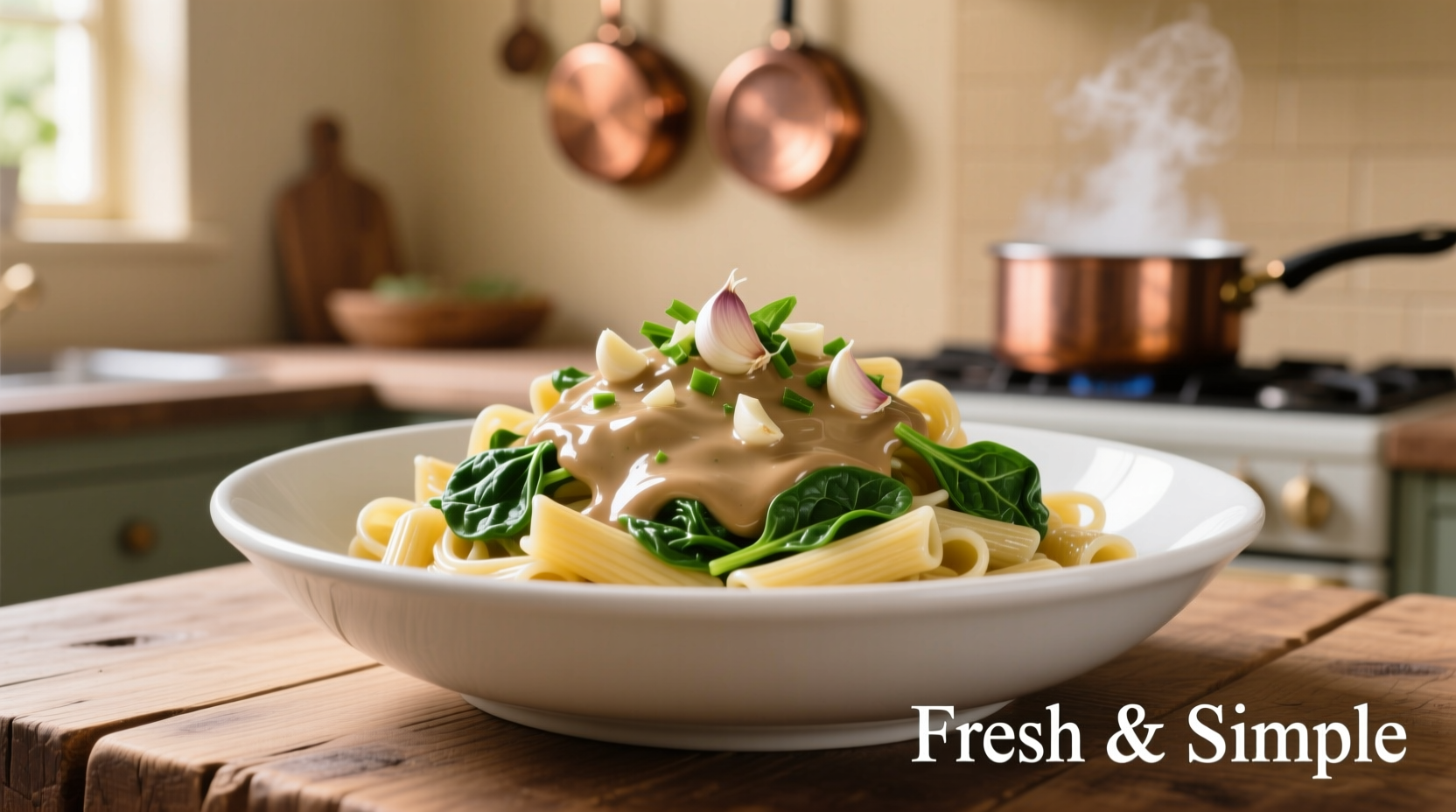 Creamy spinach pasta in white bowl with garlic garnish