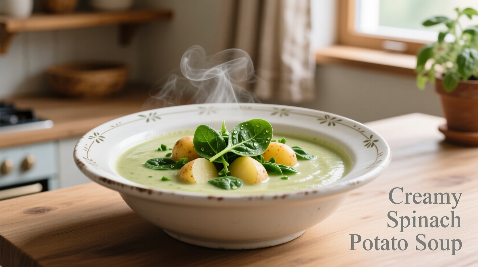 Creamy spinach potato soup in white bowl with fresh spinach garnish