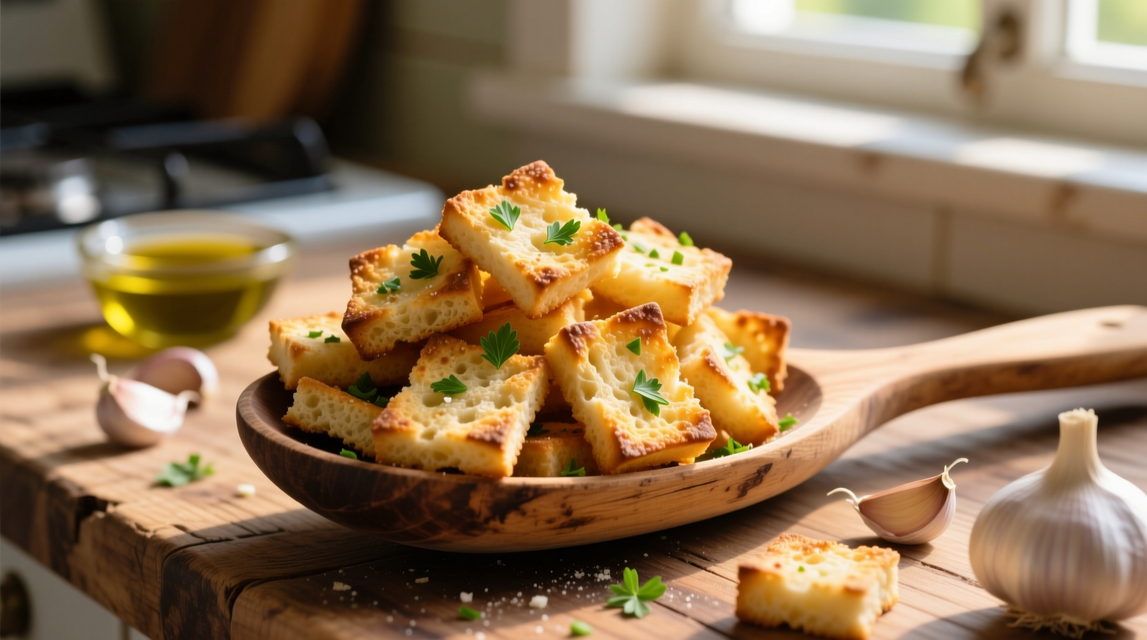 Golden homemade garlic croutons on wooden spoon