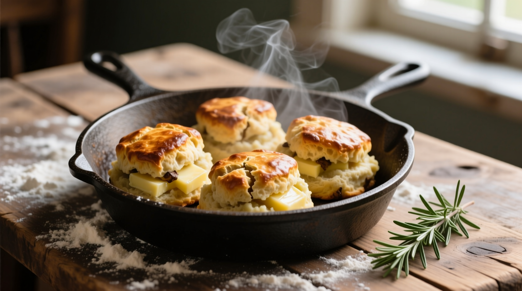 Golden brown potato scones on a cast iron skillet