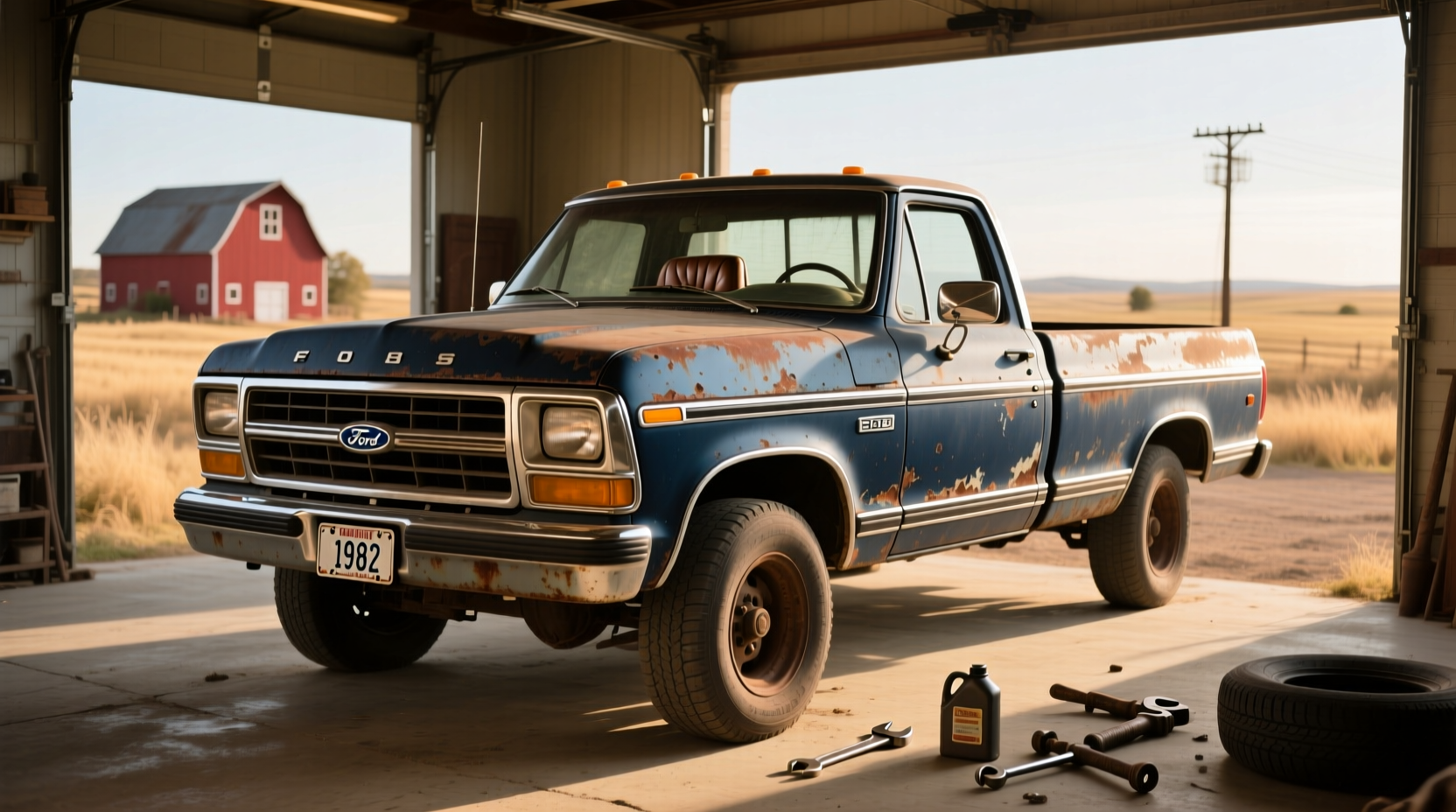 1982 Ford pickup truck on gravel road, showing classic square-body design