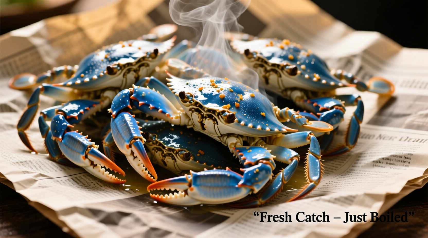 Freshly boiled blue crabs on newspaper
