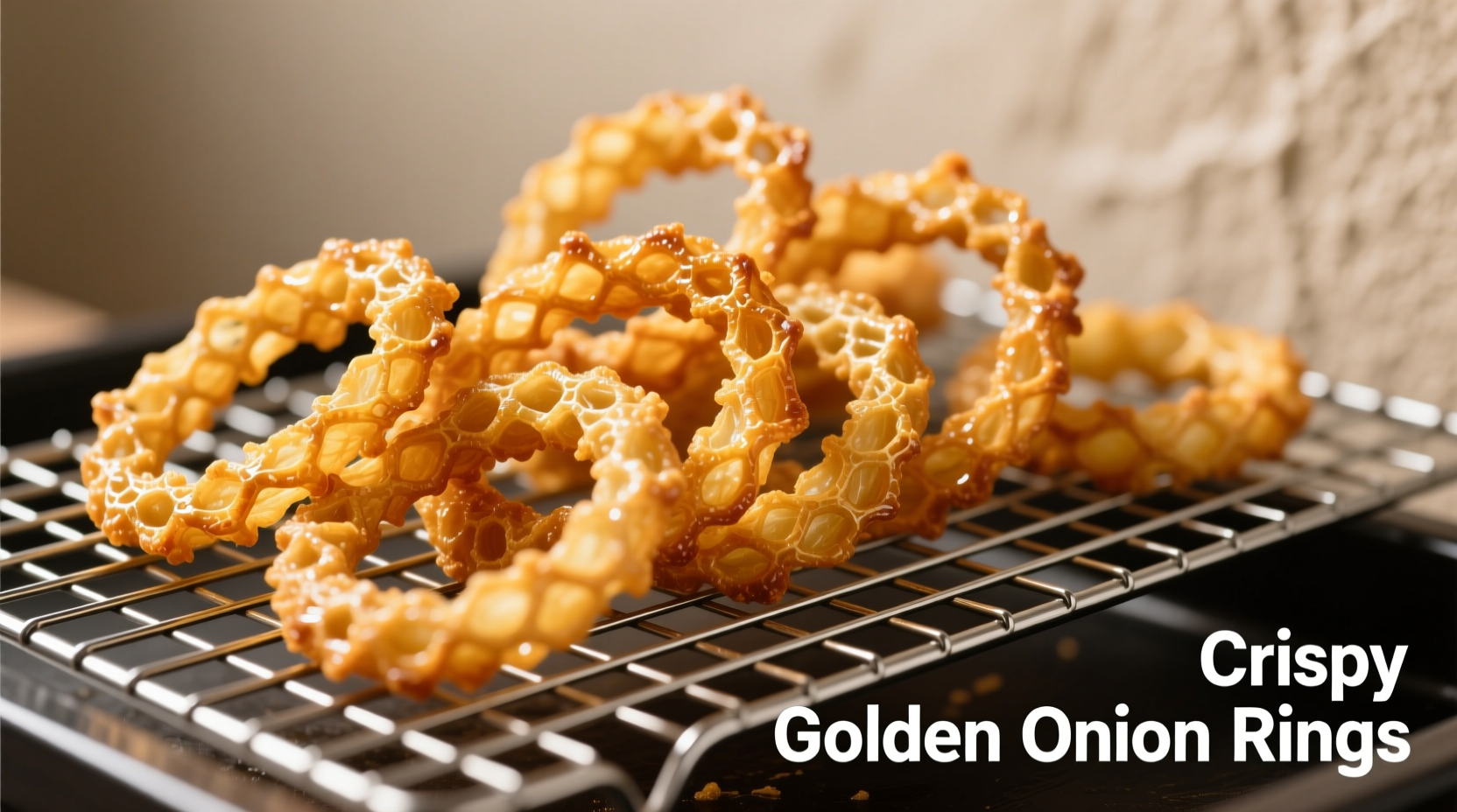 Perfectly golden crispy onion strings on wire rack