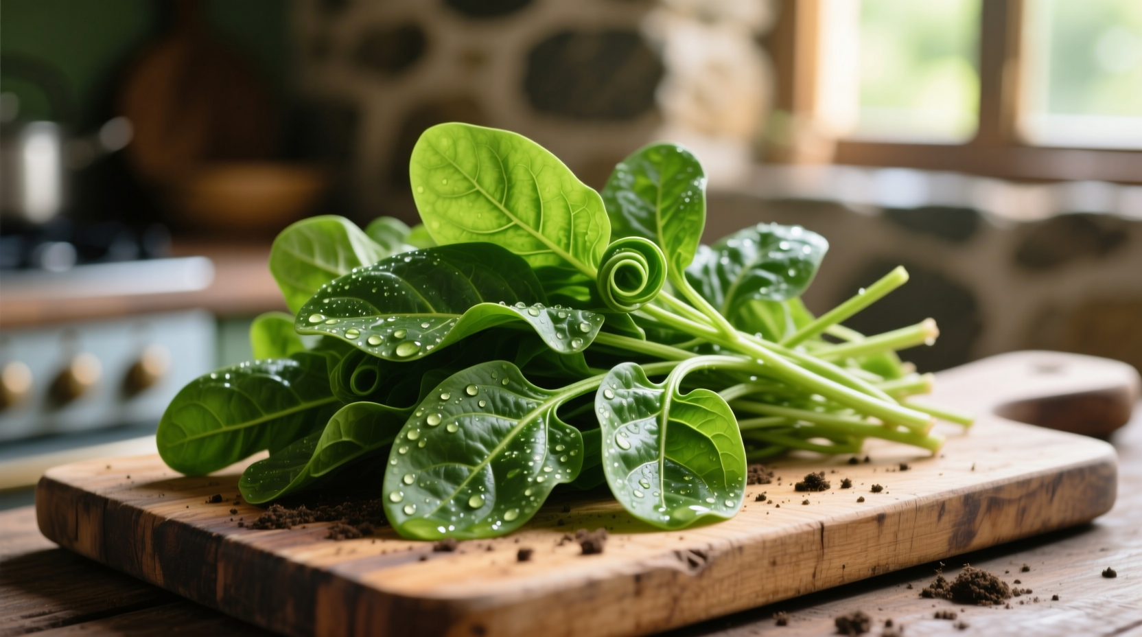Fresh Ceylon spinach leaves on wooden cutting board