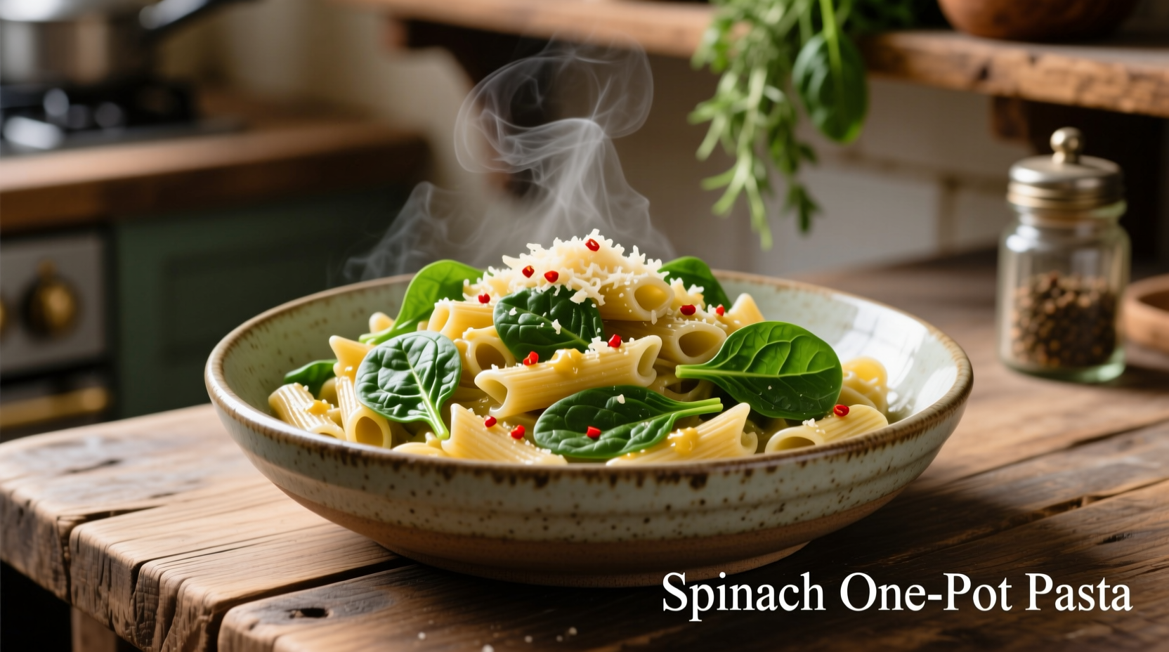 Spinach one pot pasta in ceramic bowl