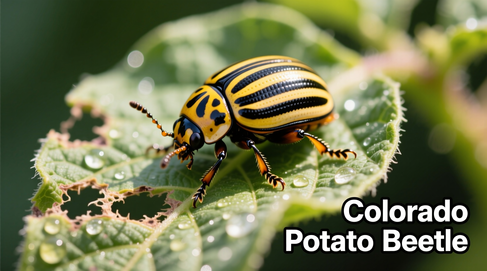 Close-up of Colorado potato beetle on potato leaf