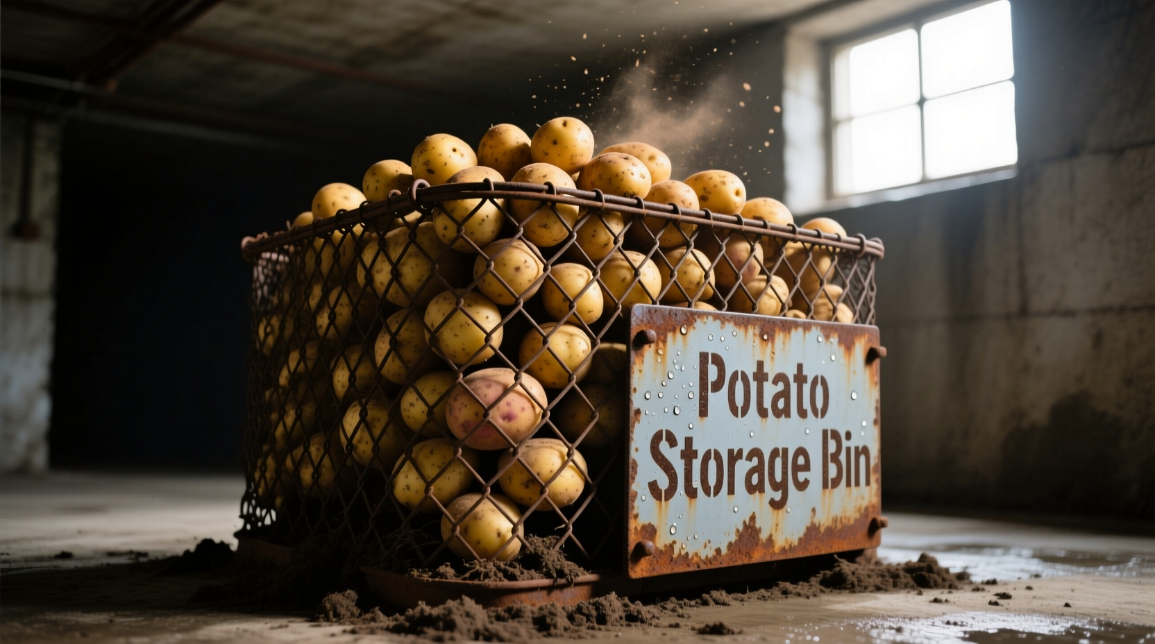 Wire mesh potato storage bin with fresh potatoes inside