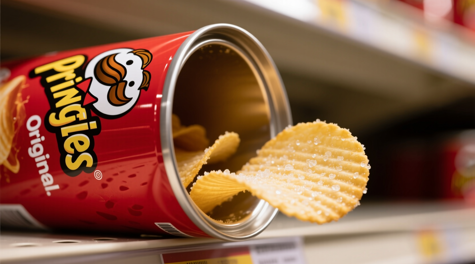 Close-up of Pringles Original chips in red tube