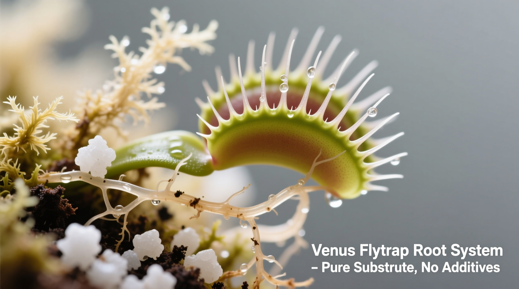 Close-up cross-section of healthy Venus flytrap roots embedded in light, airy mix of pale blonde Sphagnum moss and white perlite granules—no dark compost, no visible fertilizer pellets, no algae film
